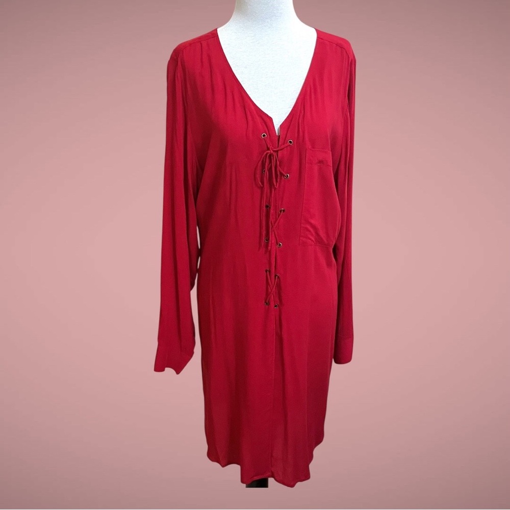 Love & Legend Red Tunic Dress 14 High Low Faux Lace Up V-Neck Lightweight Plus